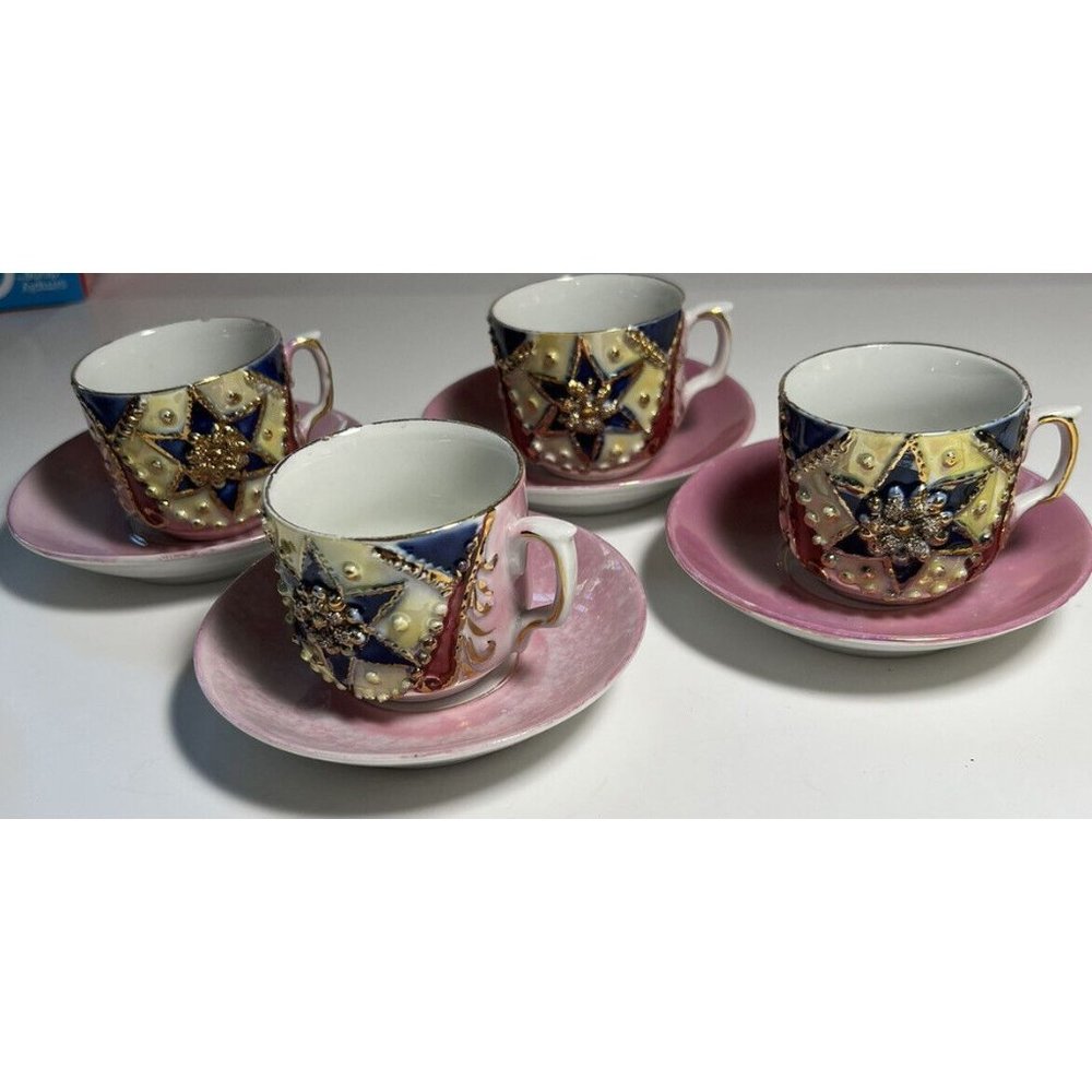 Cups and Saucers Demitasse Germany Lusterware Mason Star Pink Blue  White Gold